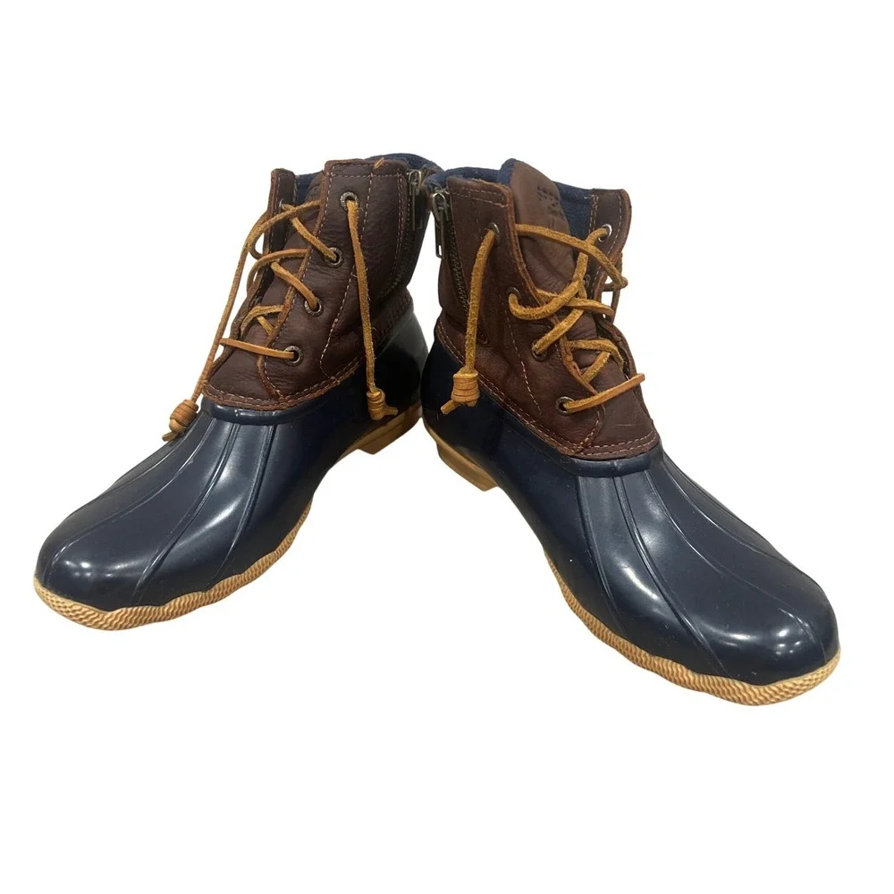 Sperry Saltwater Duck Boots Womens Navy Brown Leather Waterproof Sz 8.5